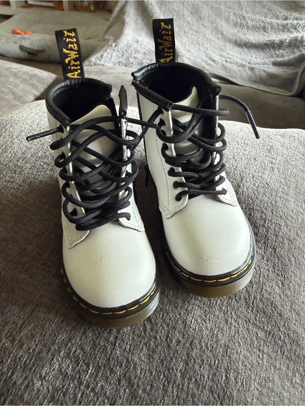 Dr. Martens White Leather Lace-Up Combat Boots with Black Laces